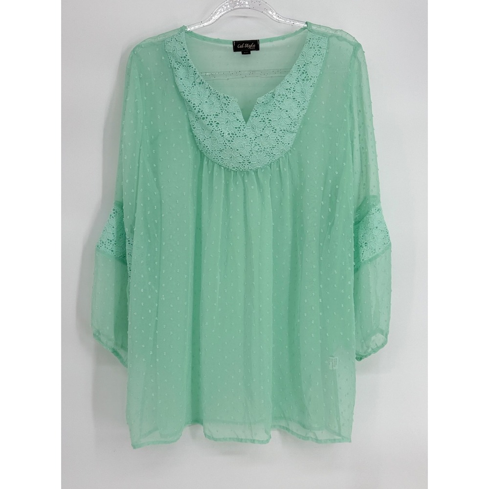 Cal Style USA Mint Green Swiss Dot Lace Trim Boho Blouse Plus Sz 3XL V-Neck